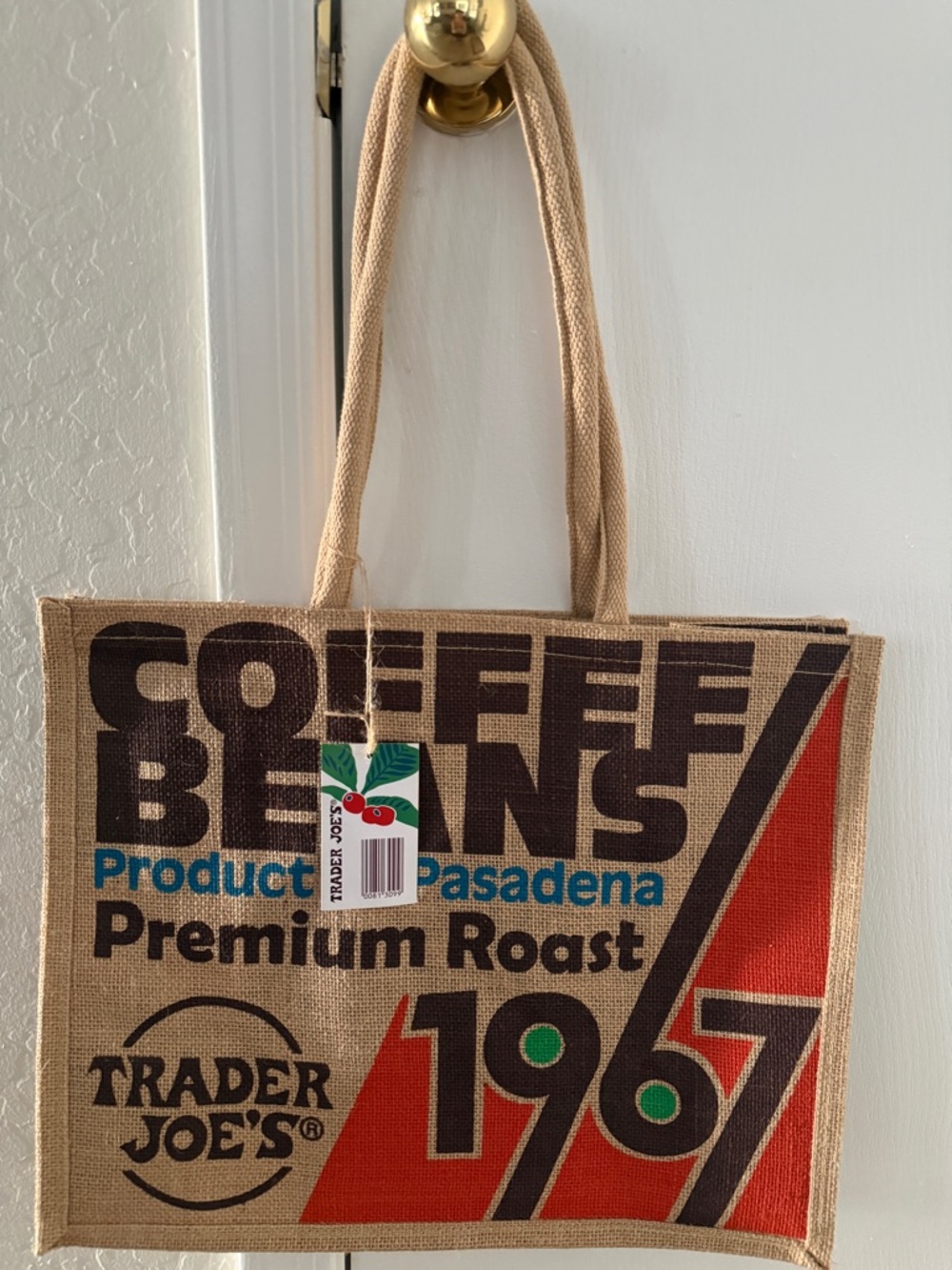 NWT-Trader Joe's Beige & Red Jute Tote Bag - Premium Roast Coffee Design